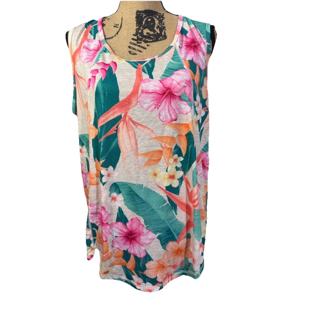 Live Well XL Sleeveless Womens Tank Top White Green Pink Floral Tropical
